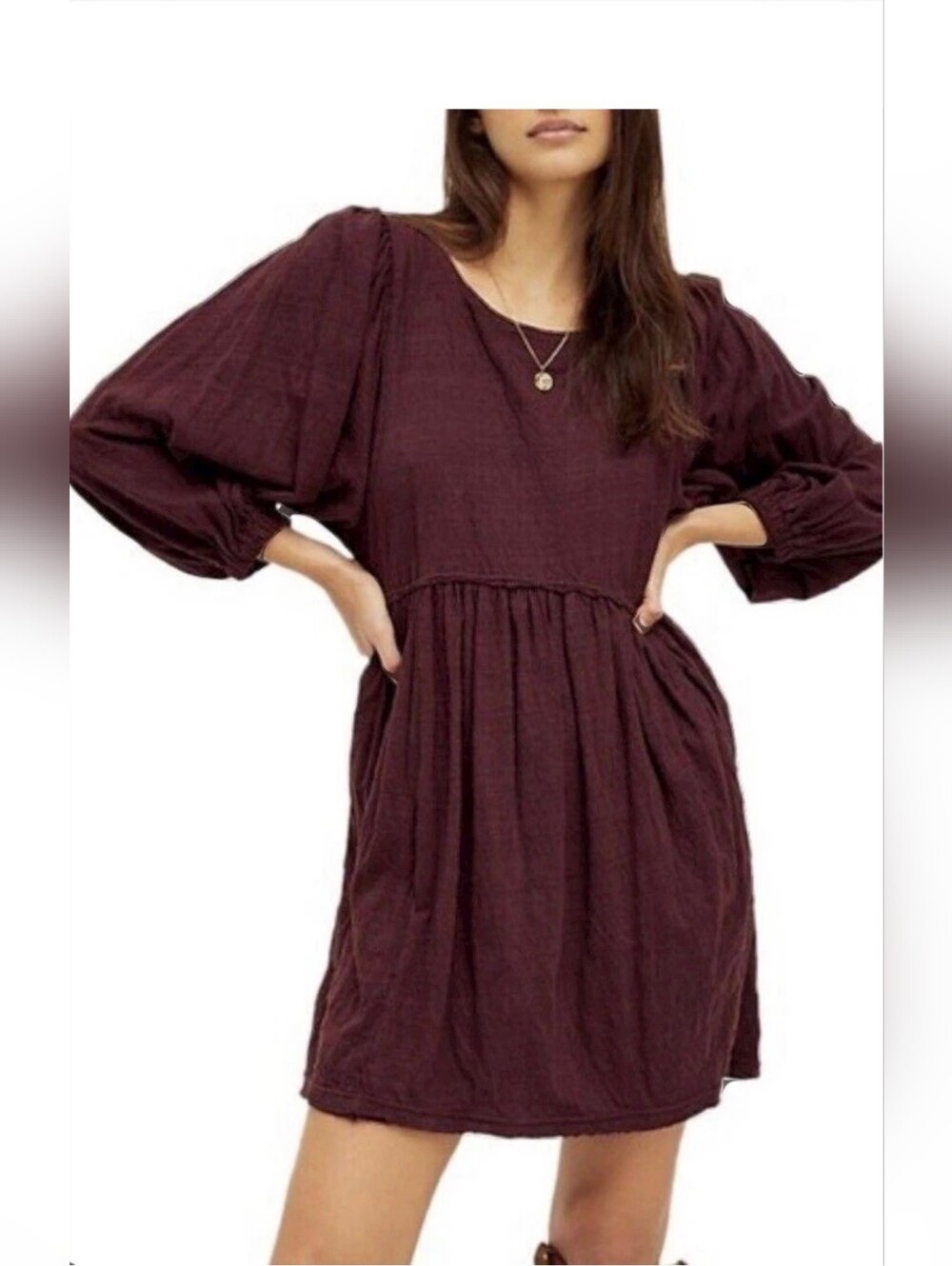 FP Beach Woven Knit Balloon Sleeve Babydoll Dress (Plum, Size S)